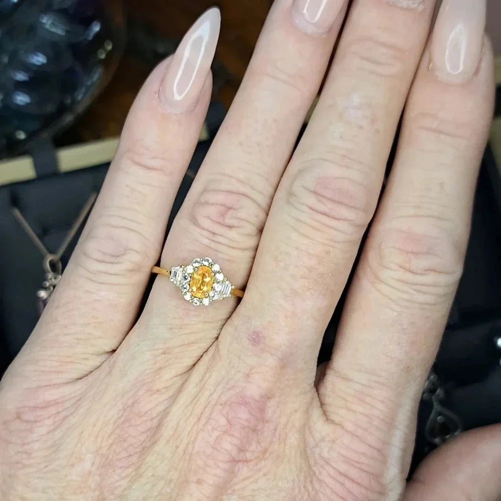 Spessartine Garnet & Natural White Zircon Halo Ring.